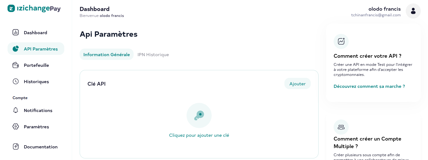 image du dashboard pour la génération de clé api izichangepay