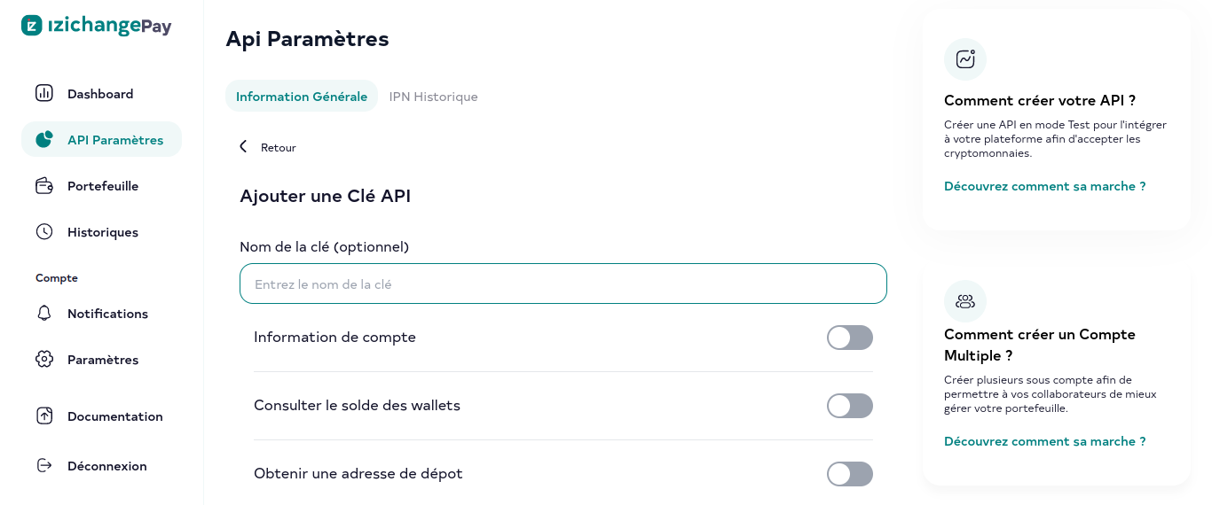 image du dashboard pour la génération de clé api izichangepay