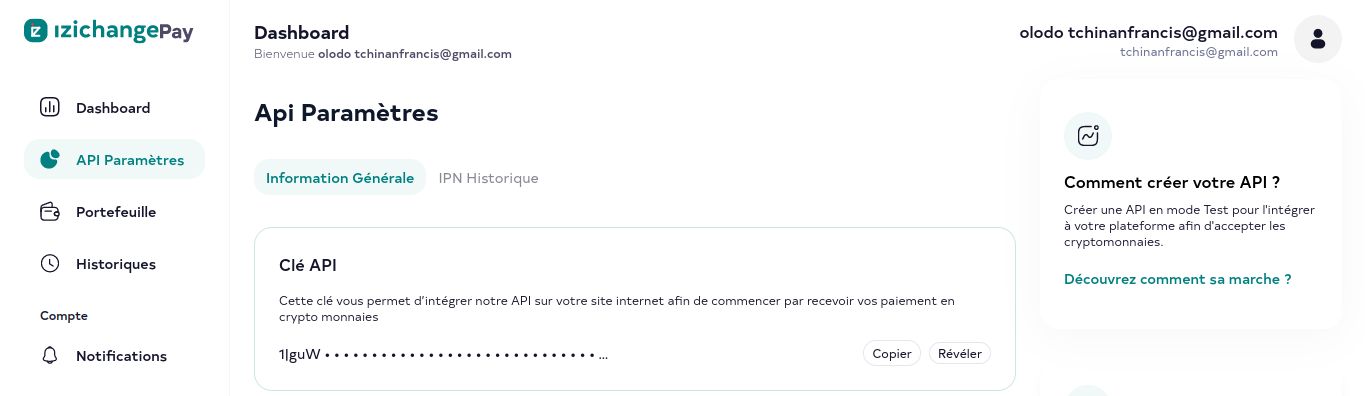 image du dashboard pour la génération de clé api izichangepay