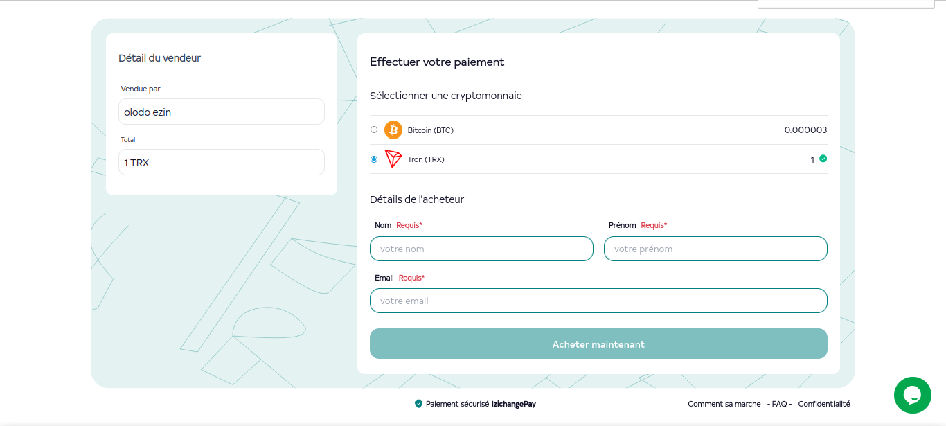 image du dashboard pour la page de redirection izichange pay