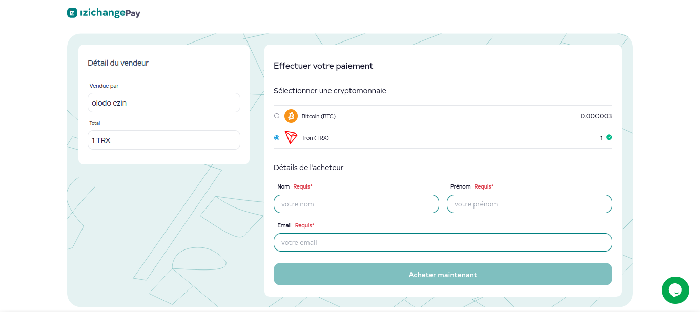 image du dashboard pour la page de redirection izichange pay